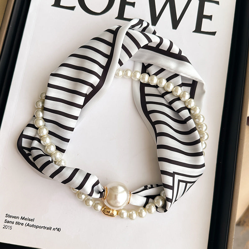 Pearl Necklace Scarf with Magnetic Clasp β Versatile Silk Neck Wrap for Collarbone & Shirt Styling