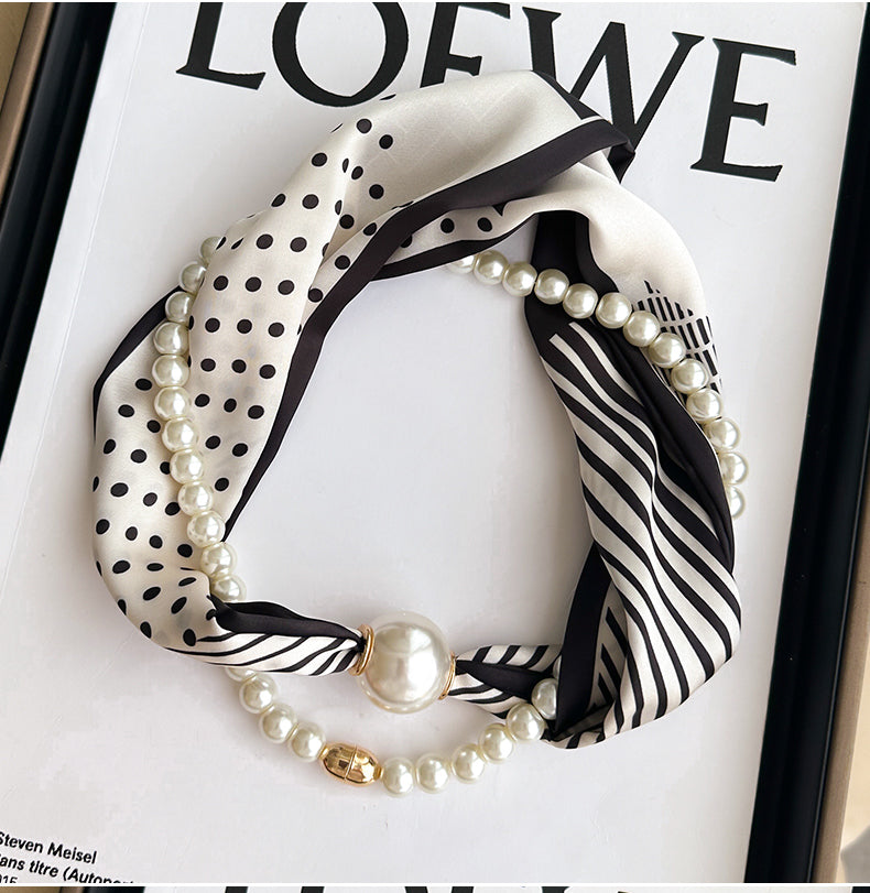 Pearl Necklace Scarf with Magnetic Clasp β Versatile Silk Neck Wrap for Collarbone & Shirt Styling