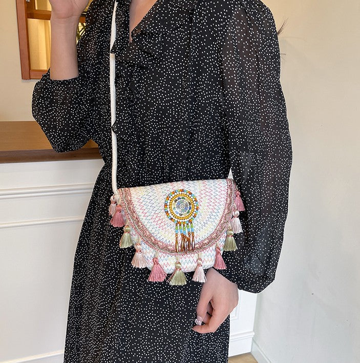Boho Beaded Embroidered Flap Bag – Statement Shoulder Bag with Tassel Accents