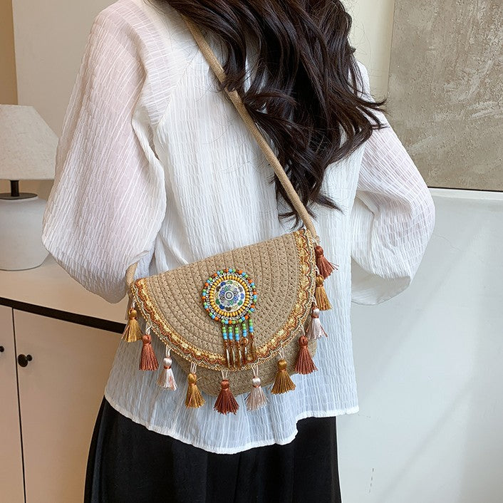 Boho Beaded Embroidered Flap Bag – Statement Shoulder Bag with Tassel Accents