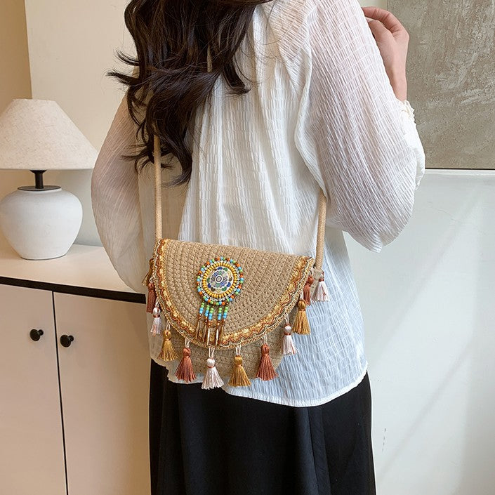 Boho Beaded Embroidered Flap Bag – Statement Shoulder Bag with Tassel Accents
