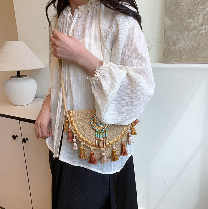 Boho Beaded Embroidered Flap Bag – Statement Shoulder Bag with Tassel Accents