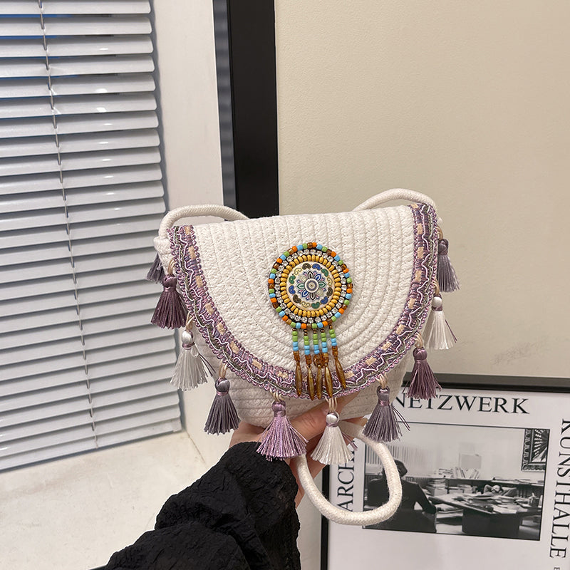 Boho Beaded Embroidered Flap Bag – Statement Shoulder Bag with Tassel Accents