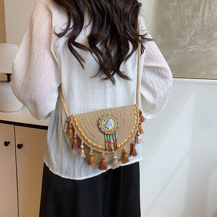 Boho Beaded Embroidered Flap Bag – Statement Shoulder Bag with Tassel Accents