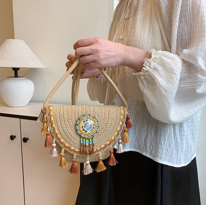 Boho Beaded Embroidered Flap Bag – Statement Shoulder Bag with Tassel Accents