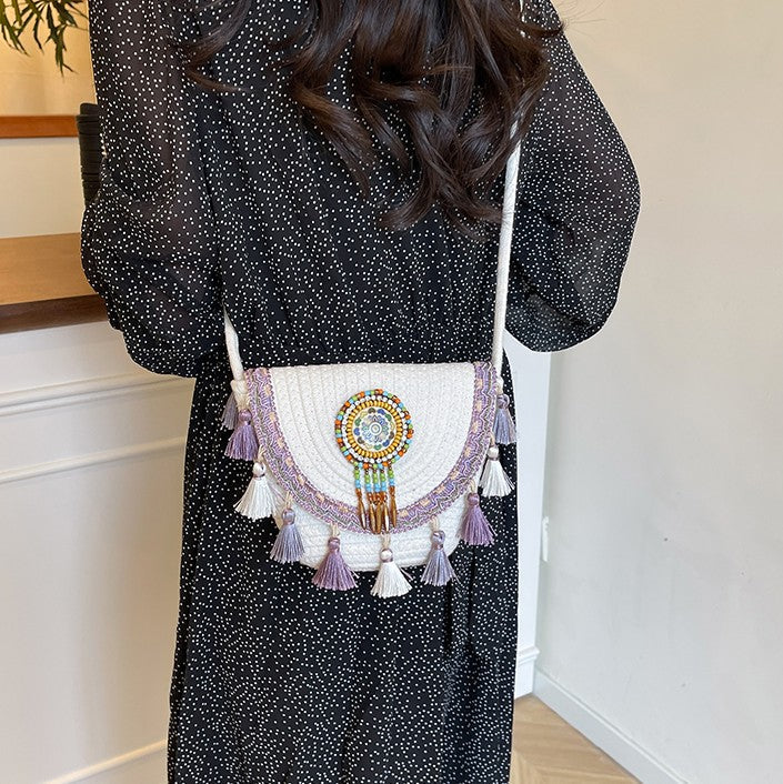 Boho Beaded Embroidered Flap Bag – Statement Shoulder Bag with Tassel Accents