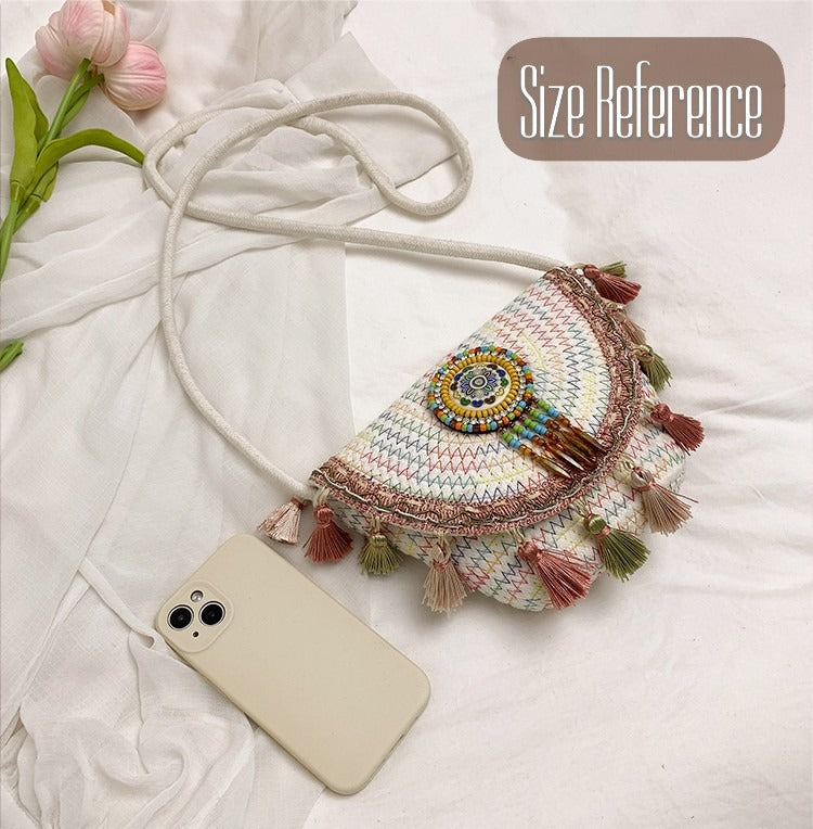 Boho Beaded Embroidered Flap Bag – Statement Shoulder Bag with Tassel Accents