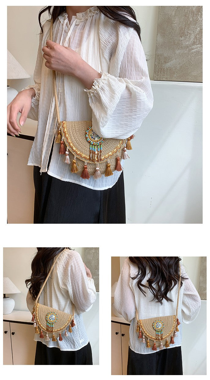 Boho Beaded Embroidered Flap Bag – Statement Shoulder Bag with Tassel Accents