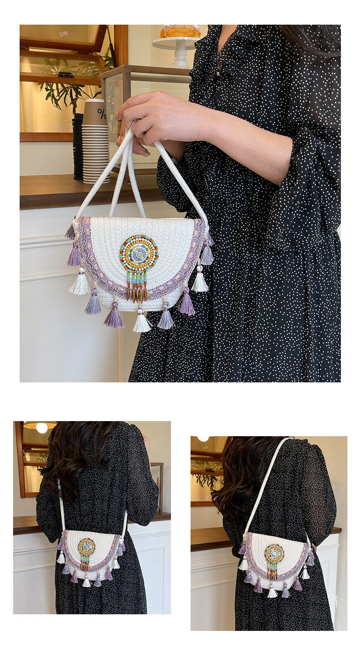 Boho Beaded Embroidered Flap Bag – Statement Shoulder Bag with Tassel Accents