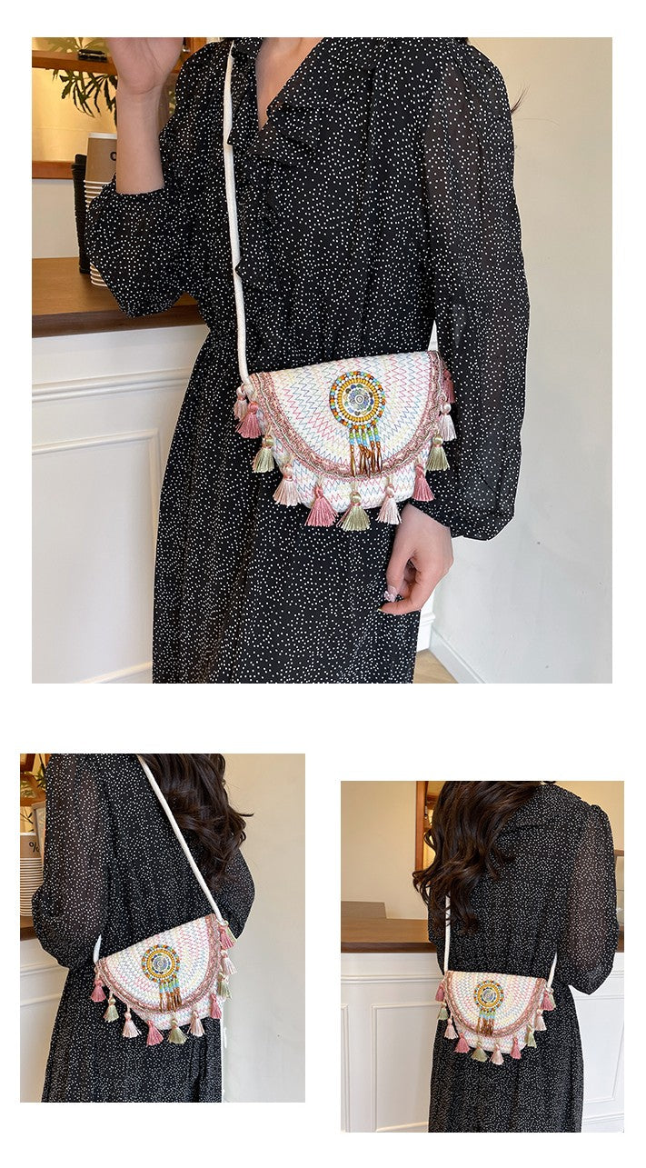 Boho Beaded Embroidered Flap Bag – Statement Shoulder Bag with Tassel Accents