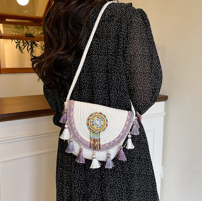 Boho Beaded Embroidered Flap Bag – Statement Shoulder Bag with Tassel Accents