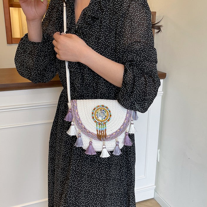 Boho Beaded Embroidered Flap Bag – Statement Shoulder Bag with Tassel Accents