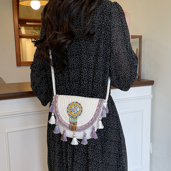 Boho Beaded Embroidered Flap Bag – Statement Shoulder Bag with Tassel Accents