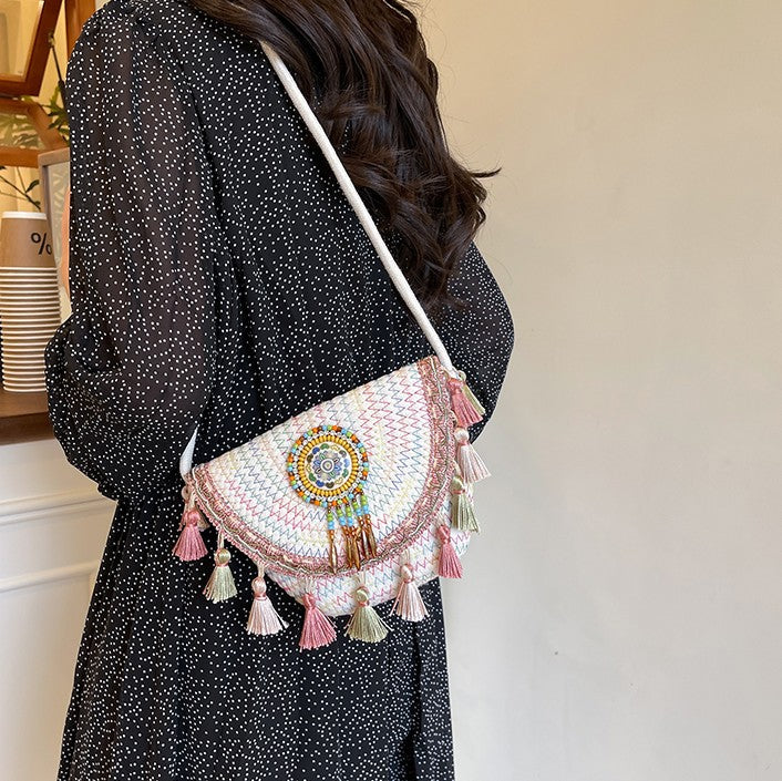 Boho Beaded Embroidered Flap Bag – Statement Shoulder Bag with Tassel Accents