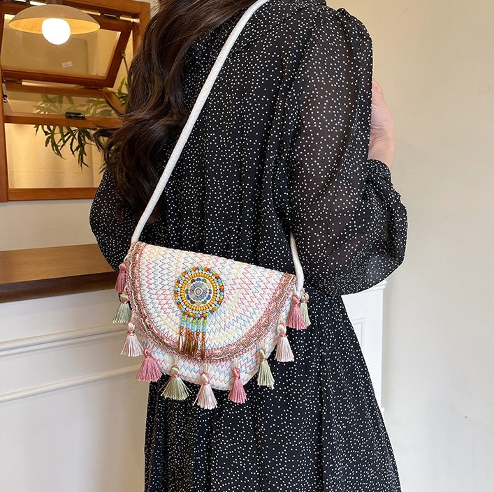 Boho Beaded Embroidered Flap Bag – Statement Shoulder Bag with Tassel Accents