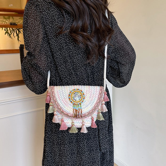 Boho Beaded Embroidered Flap Bag – Statement Shoulder Bag with Tassel Accents