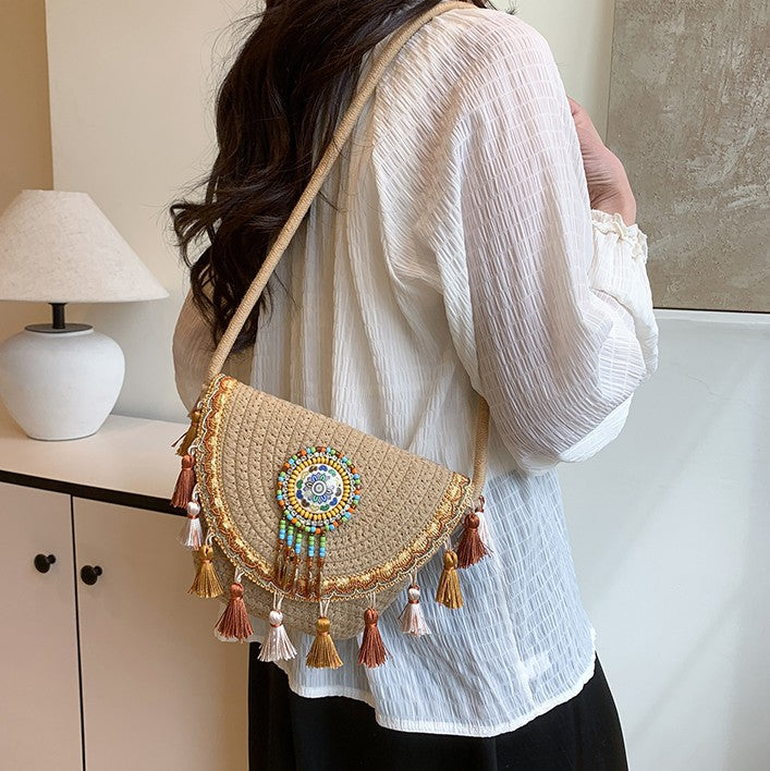 Boho Beaded Embroidered Flap Bag – Statement Shoulder Bag with Tassel Accents