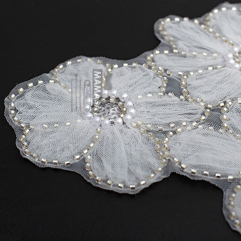 Shimmery Sequin Lace Appliqué — Pearl Embroidery with Tulle Floral Patch