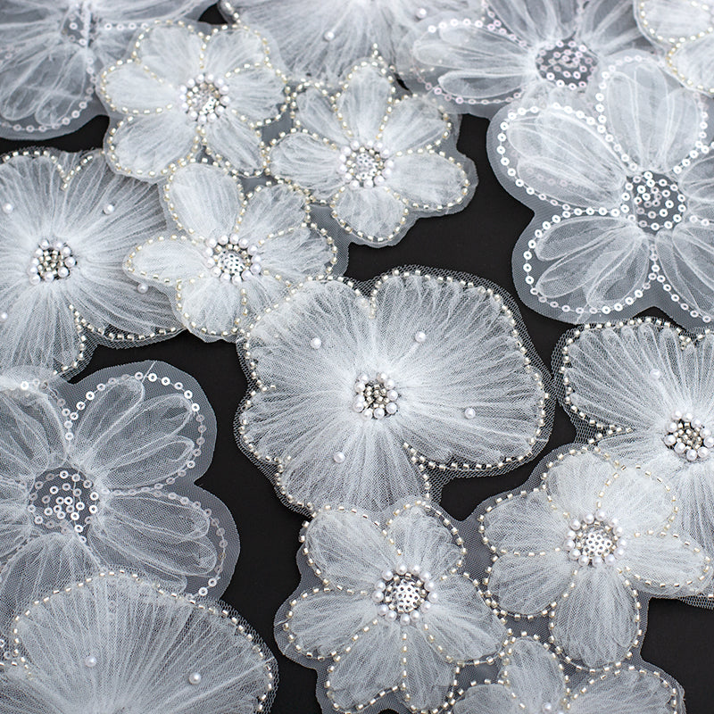 Shimmery Sequin Lace Appliqué — Pearl Embroidery with Tulle Floral Patch