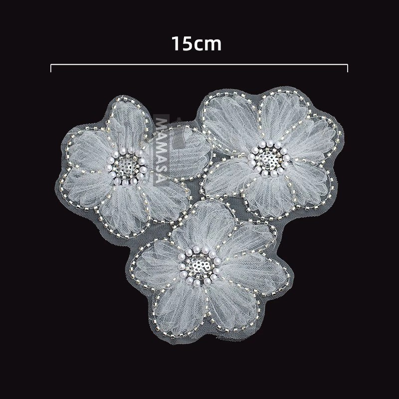 Shimmery Sequin Lace Appliqué — Pearl Embroidery with Tulle Floral Patch