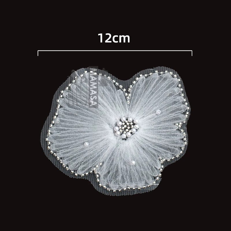 Shimmery Sequin Lace Appliqué — Pearl Embroidery with Tulle Floral Patch