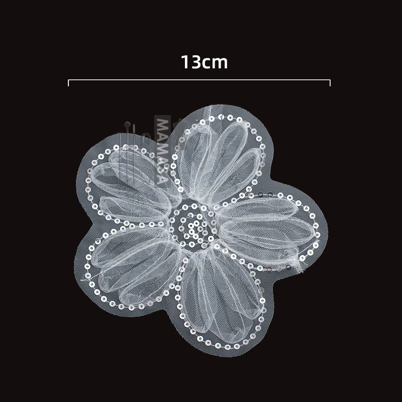 Shimmery Sequin Lace Appliqué — Pearl Embroidery with Tulle Floral Patch
