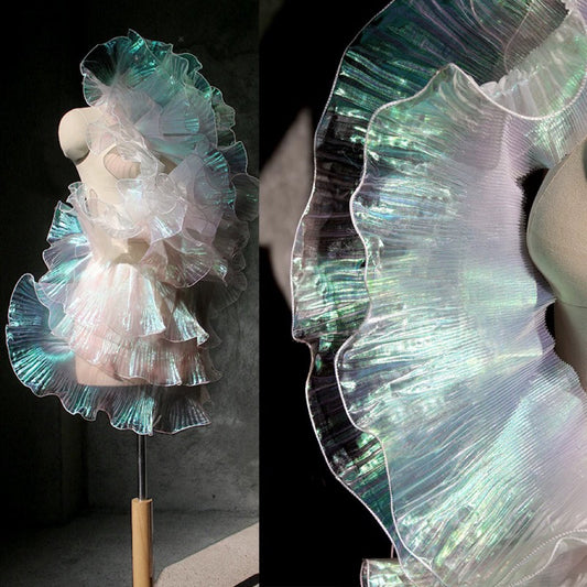 Enchanted Mermaid Organza – Iridescent Gradient with 3D Pleats & Scalloped Lace - Sheet White
