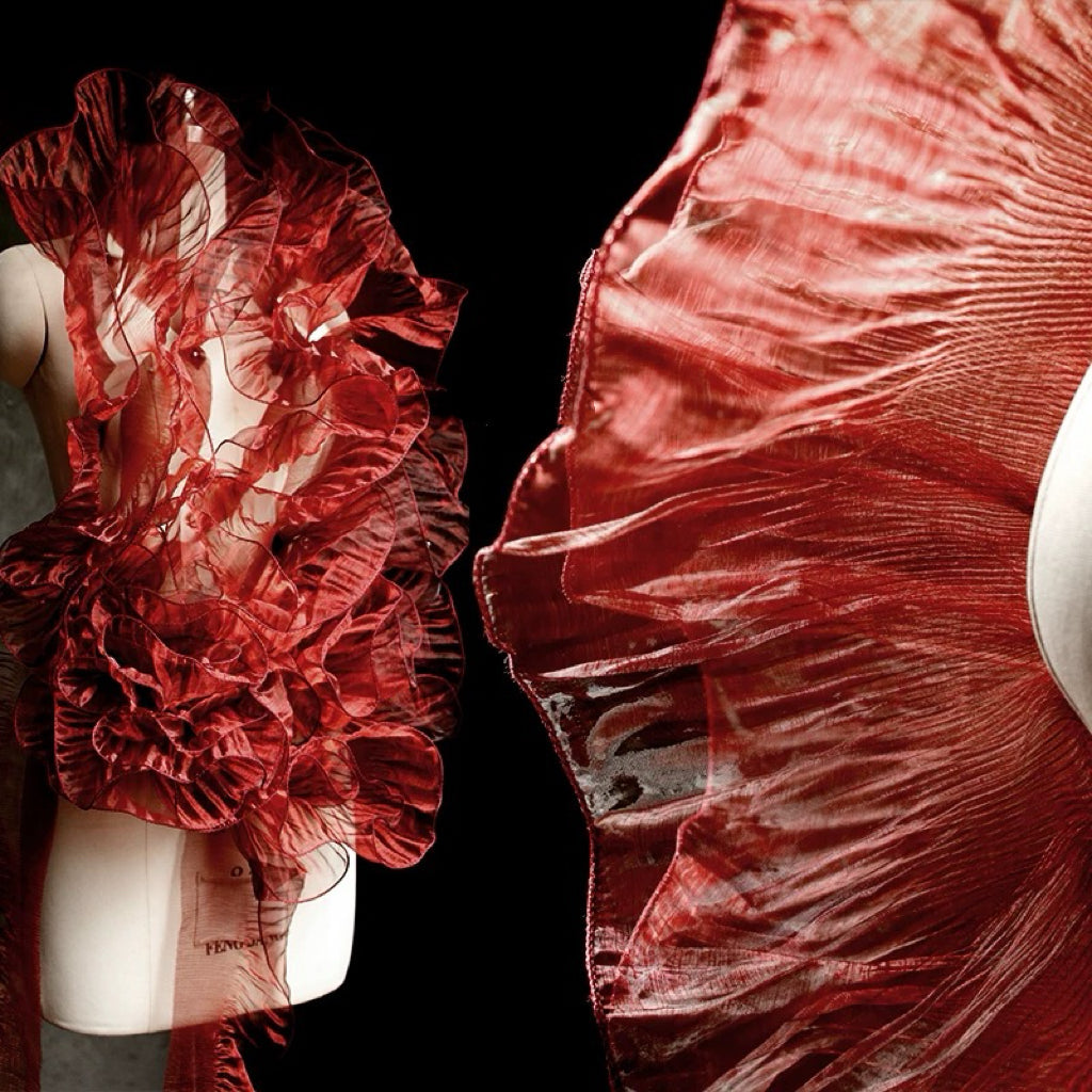 Enchanted Mermaid Organza – Iridescent Gradient with 3D Pleats & Scalloped Lace - Wine Red