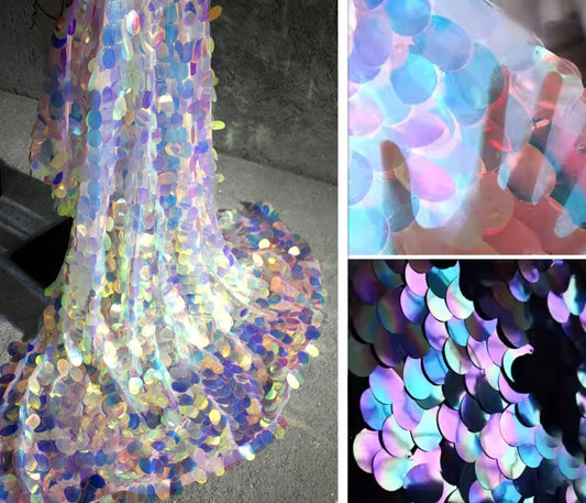 Mermaid Prism Iridescent Sequin Mesh – High-Density Laser-Cut Fish Scale Fabric