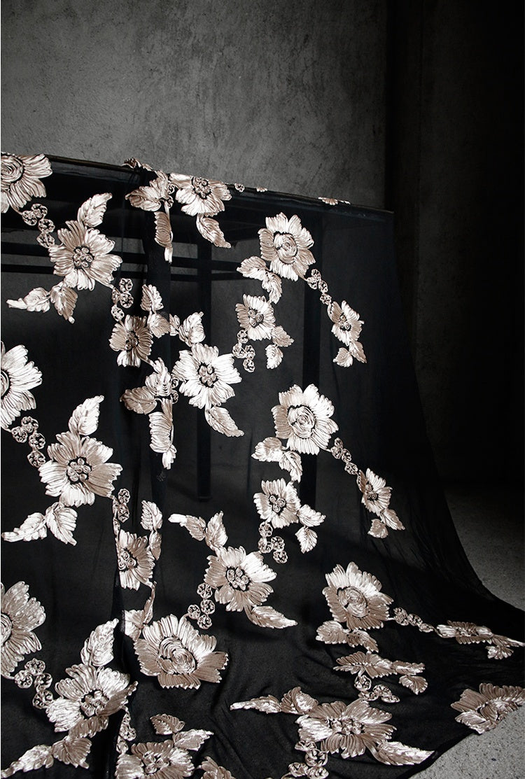 Elegant 3D Floral Embroidered Sheer Lace Fabric – Designer Textile