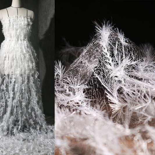 Ethereal Feather Lace – Irregular Hollow White Mesh Fabric