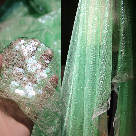 Emerald Luxe Sheer Sequin Mesh – Unique Designer Fabric