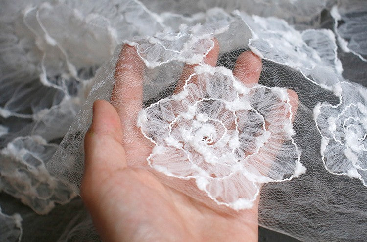 Irregular Floral Layered Lace Mesh – Dimensional Textured Sheer Fabric