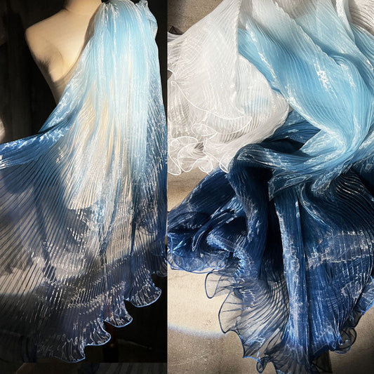 Blue Gradient Pleated Wave Laser Organza – Shimmering Pressed Fabric