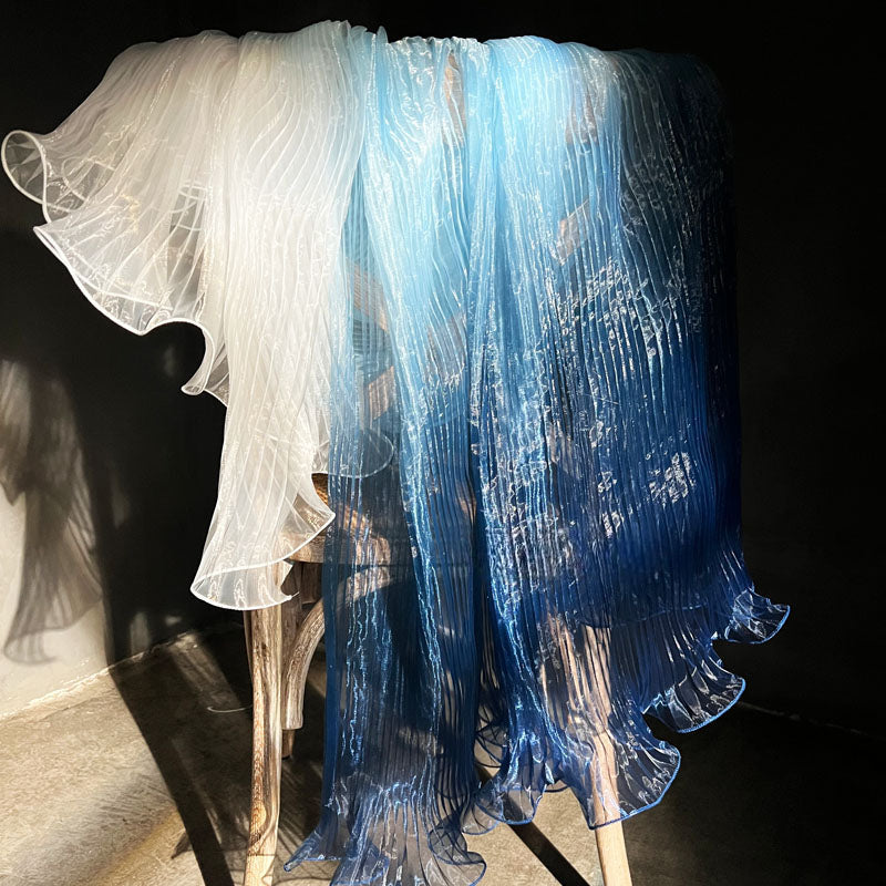Blue Gradient Pleated Wave Laser Organza – Shimmering Pressed Fabric
