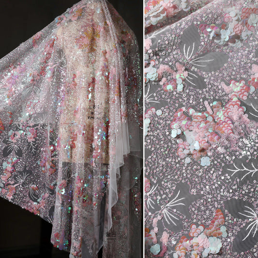 Pink Crystal Sequin Mesh – Enchanting Fairy-Tale Embroidered Fabric