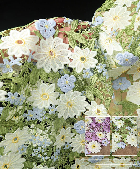 Green Daisy Lace Embroidered Mesh – Delicate Floral Cutout Fabric