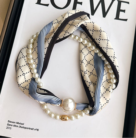 Pearl Necklace Scarf with Magnetic Clasp – Versatile Silk Neck Wrap for Collarbone & Shirt Styling