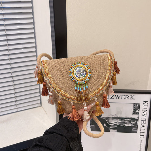 Boho Beaded Embroidered Flap Bag – Statement Shoulder Bag with Tassel Accents