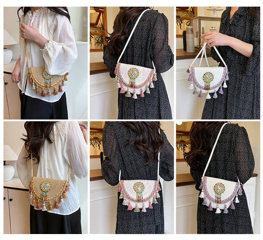 Boho Beaded Embroidered Flap Bag – Statement Shoulder Bag with Tassel Accents