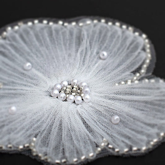 Shimmery Sequin Lace Appliqué — Pearl Embroidery with Tulle Floral Patch